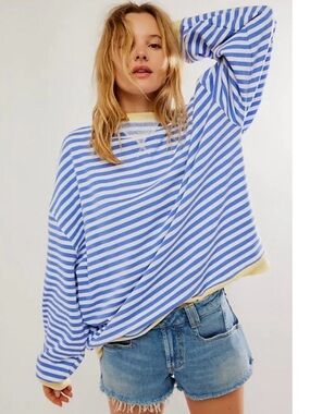 We The Free Classic Striped Blue and White Stripe Oversized Crewneck